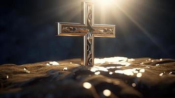 Christian cross on a dark background. 3D rendering photo