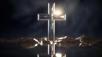 Christian cross on a dark background. 3D rendering photo