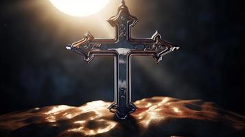 Christian cross on a dark background. 3D rendering photo