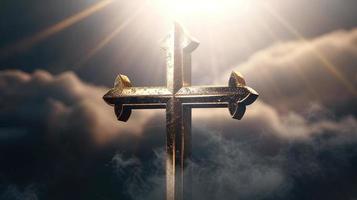 Christian cross on a dark background. 3D rendering photo