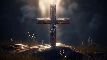 Christian cross on a dark background. 3D rendering photo