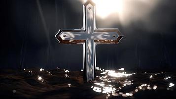 Christian cross on a dark background. 3D rendering photo