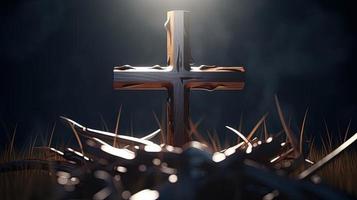 Christian cross on a dark background. 3D rendering photo
