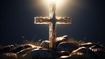 Christian cross on a dark background. 3D rendering photo