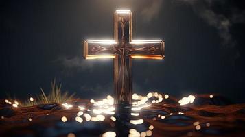 Christian cross on a dark background. 3D rendering photo