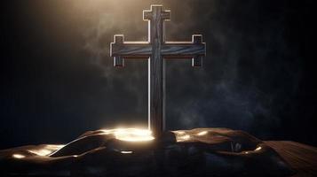 Christian cross on a dark background. 3D rendering photo