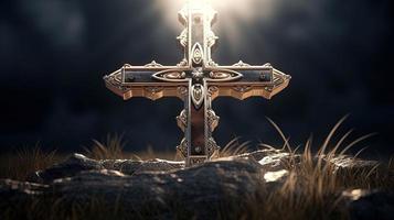 Christian cross on a dark background. 3D rendering photo