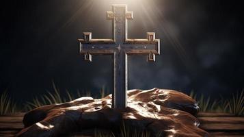 Christian cross on a dark background. 3D rendering photo