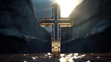 Christian cross on a dark background. 3D rendering photo