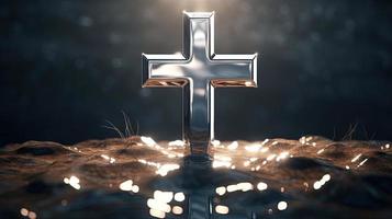 Christian cross on a dark background. 3D rendering photo