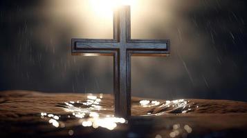 Christian cross on a dark background. 3D rendering photo