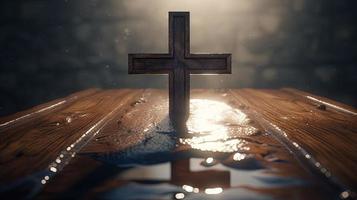 Christian cross on a dark background. 3D rendering photo