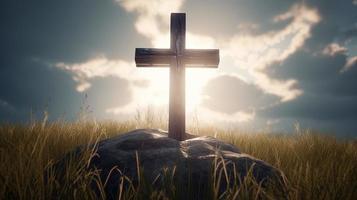 Christian cross on a dark background. 3D rendering photo