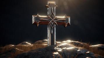 Christian cross on a dark background. 3D rendering photo