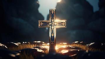 Christian cross on a dark background. 3D rendering photo