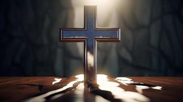 Christian cross on a dark background. 3D rendering photo