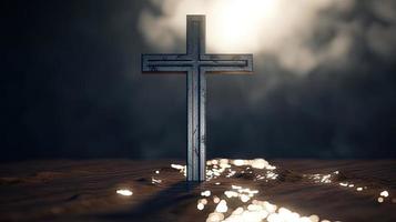 Christian cross on a dark background. 3D rendering photo