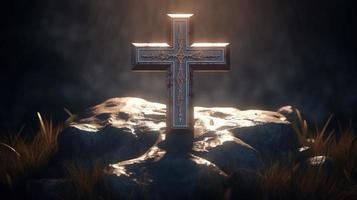 Christian cross on a dark background. 3D rendering photo