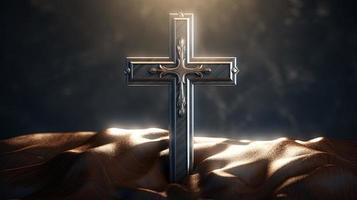 Christian cross on a dark background. 3D rendering photo