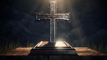 Christian cross on a dark background. 3D rendering photo