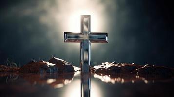 Christian cross on a dark background. 3D rendering photo