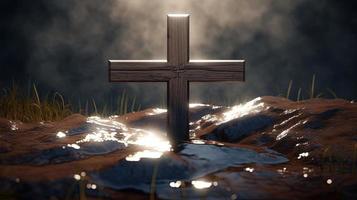 Christian cross on a dark background. 3D rendering photo