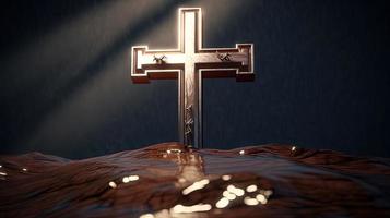 Christian cross on a dark background. 3D rendering photo