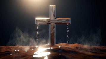 Christian cross on a dark background. 3D rendering photo