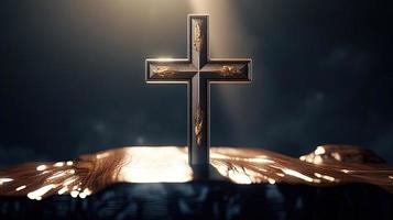 Christian cross on a dark background. 3D rendering photo