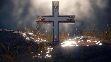 Christian cross on a dark background. 3D rendering photo