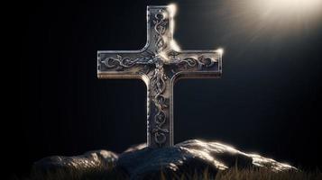 Christian cross on a dark background. 3D rendering photo