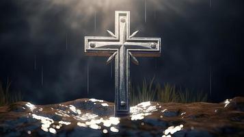 Christian cross on a dark background. 3D rendering photo