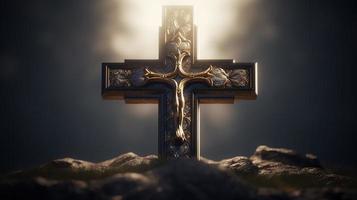 Christian cross on a dark background. 3D rendering photo