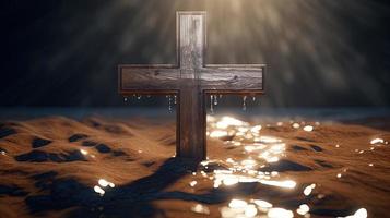 Christian cross on a dark background. 3D rendering photo