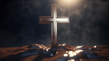 Christian cross on a dark background. 3D rendering photo