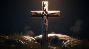 Christian cross on a dark background. 3D rendering photo