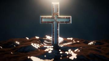 Christian cross on a dark background. 3D rendering photo