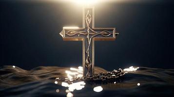 Christian cross on a dark background. 3D rendering photo