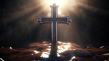 Christian cross on a dark background. 3D rendering photo