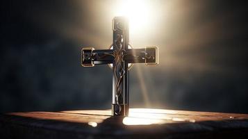Christian cross on a dark background. 3D rendering photo