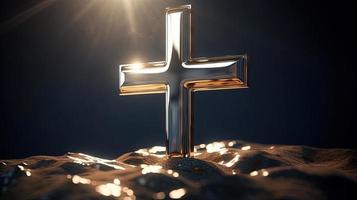 Christian cross on a dark background. 3D rendering photo