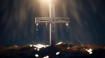 Christian cross on a dark background. 3D rendering photo