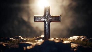 Christian cross on a dark background. 3D rendering photo