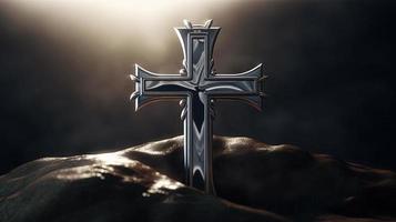 Christian cross on a dark background. 3D rendering photo