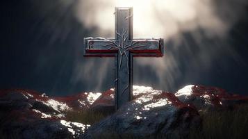 Christian cross on a dark background. 3D rendering photo