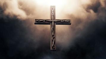 Christian cross on a dark background. 3D rendering photo