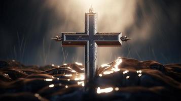 Christian cross on a dark background. 3D rendering photo