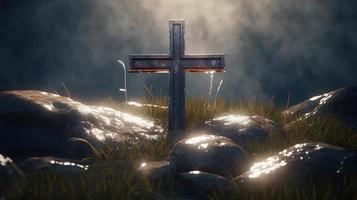 Christian cross on a dark background. 3D rendering photo