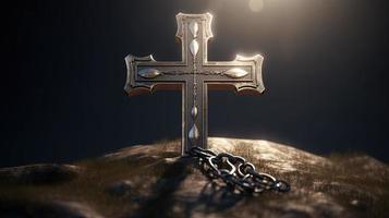 Christian cross on a dark background. 3D rendering photo