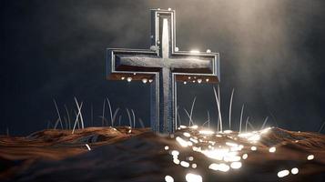 Christian cross on a dark background. 3D rendering photo